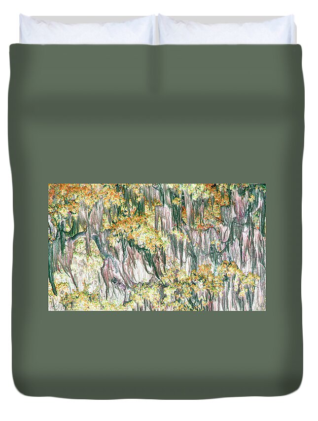 Trees Duvet Cover featuring the photograph Yellow Moss by Missy Joy