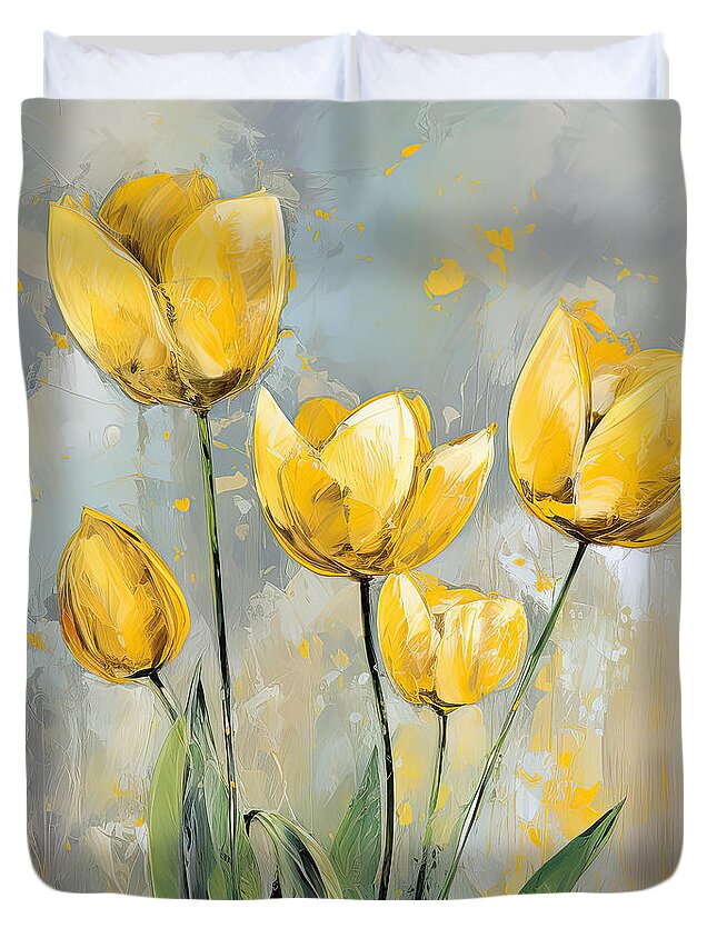 Yellow And Gray Duvet Cover featuring the digital art Yellow Poppies Galore - Yellow and Gray Floral Art by Lourry Legarde