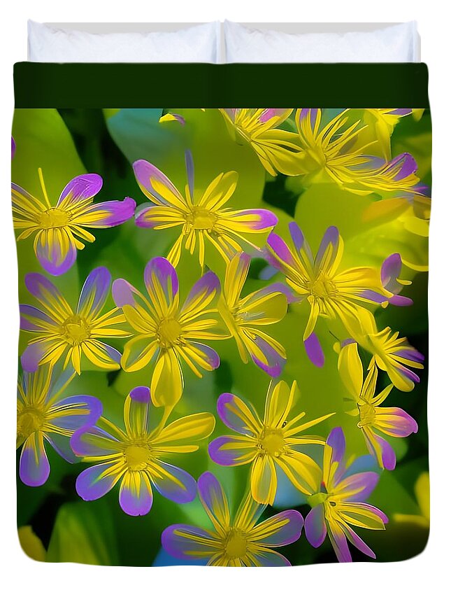 Digital Flowers Yellow Purple Duvet Cover featuring the digital art Yellow purple Flowers by Beverly Read