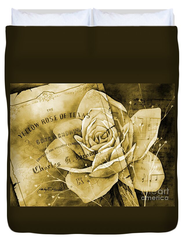 Rose Duvet Cover featuring the painting Yellow Rose of Texas in yellow tone by Hailey E Herrera