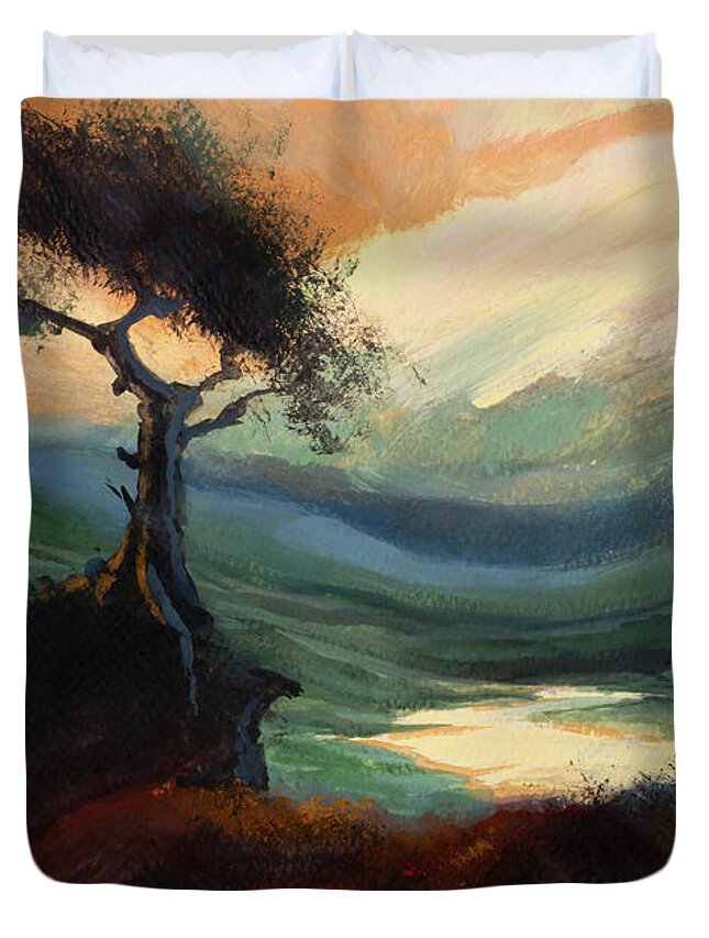 #creativity #art&mindfulness #socialresponsibility #artforworkers #mindfulness Duvet Cover featuring the painting Yellow Sunset Hills by Veronica Huacuja