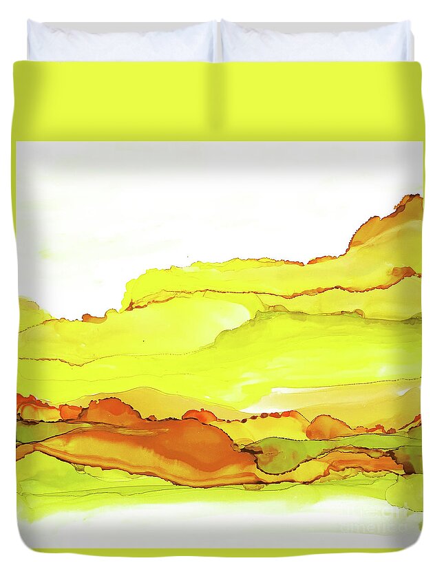 Alcohol Ink Duvet Cover featuring the painting Yellowscape 1 by Chris Paschke