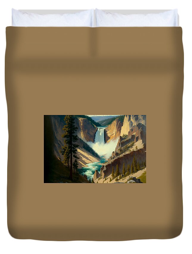 Landscape Duvet Cover featuring the painting Yellowstone Falls seen from Artist Point by Kai Saarto