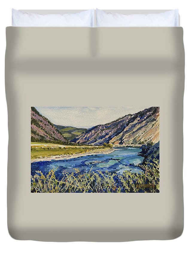 Yellowstone River Duvet Cover featuring the painting Yellowstone River and Yankee Jim Canyon by Les Herman