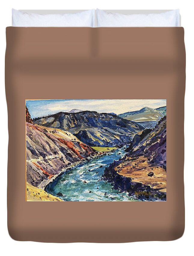 Yellowstone Duvet Cover featuring the painting Yellowstone River Trail to Mouth of Bear Creek by Les Herman