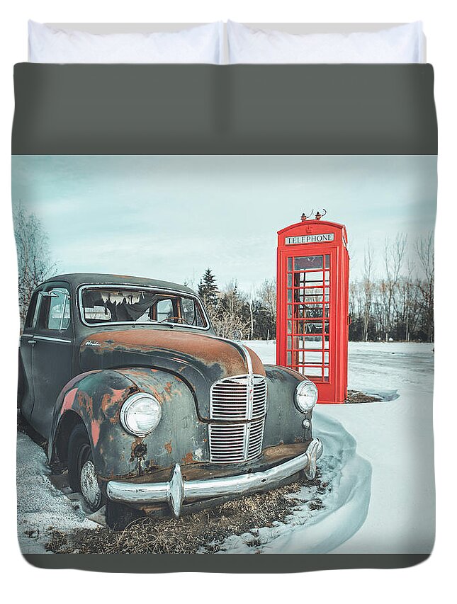 Classic Car Old Telephone Booth Red Desaturated Colour Manitoba Canada Duvet Cover featuring the photograph Yesteryear by Denise LeBleu