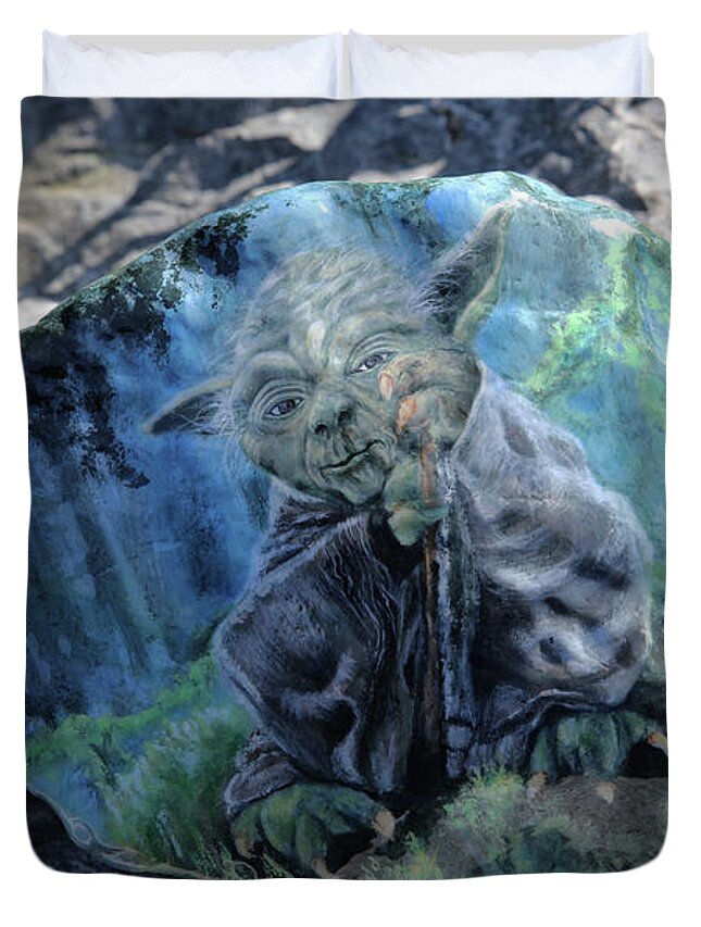 Art Duvet Cover featuring the painting Yoda on a Rock by Tammy Pool