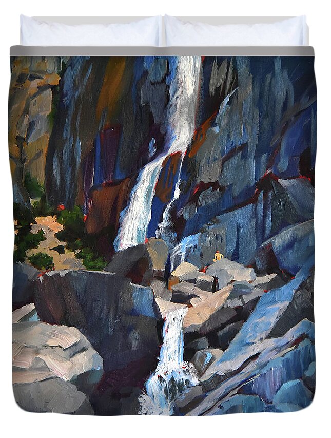 Waterfall Duvet Cover featuring the painting Yosemite Falls in August by Alice Leggett