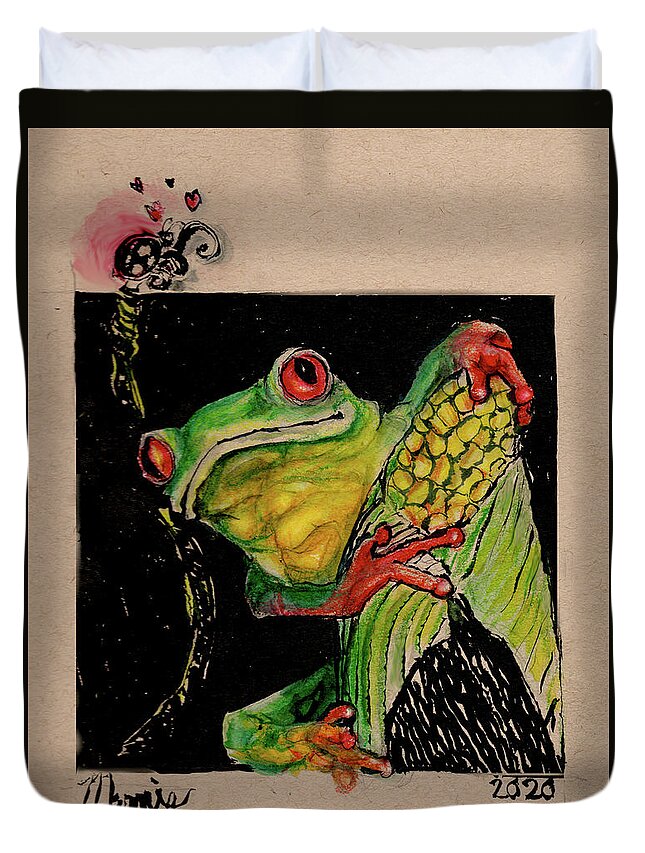 Frog Duvet Cover featuring the drawing You are so cute by Marnie Clark