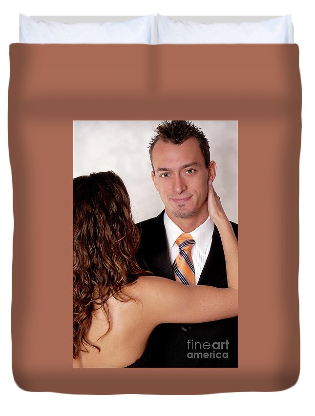 Couple Duvet Cover featuring the photograph Young handsome office man with young woman by Gunther Allen