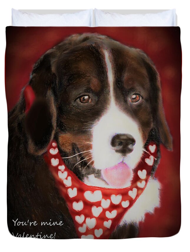 Burmese Mountain Dog Duvet Cover featuring the drawing You're Mine Valentine by Angela Davies