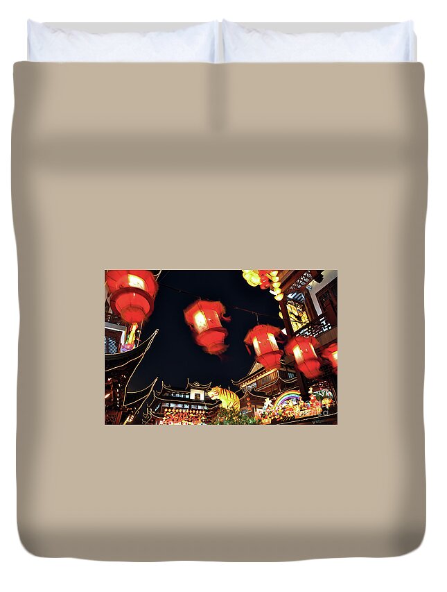 China Duvet Cover featuring the photograph Yu garden lanterns by Delphimages Photo Creations