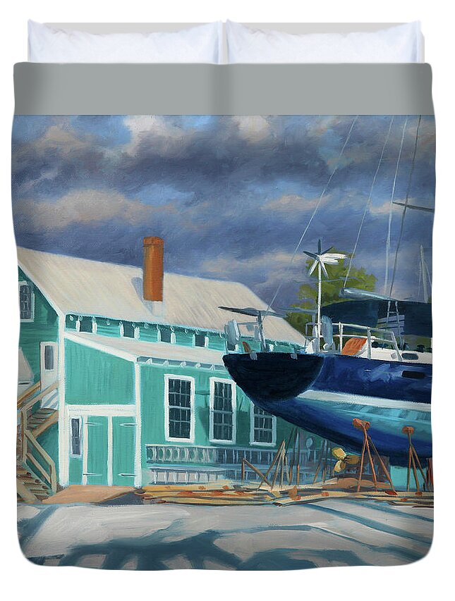Crittenden Landscape Painting Duvet Cover featuring the painting Zanhiser Boat Works by Guy Crittenden