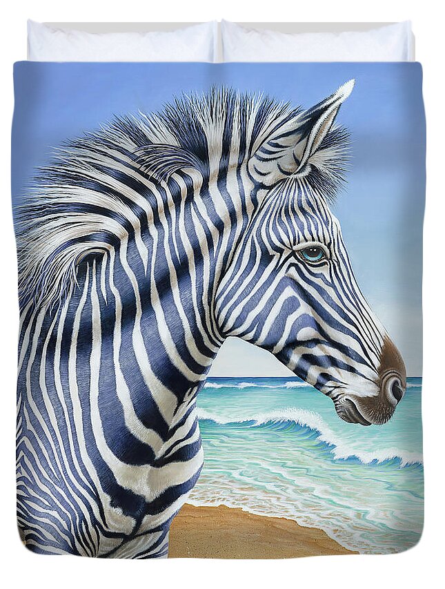 Zebra Duvet Cover featuring the painting Zebra by the Sea by Tish Wynne