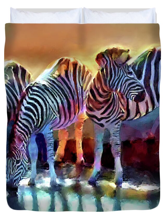 Zebra Duvet Cover featuring the painting Zebra Caution  by Joel Smith