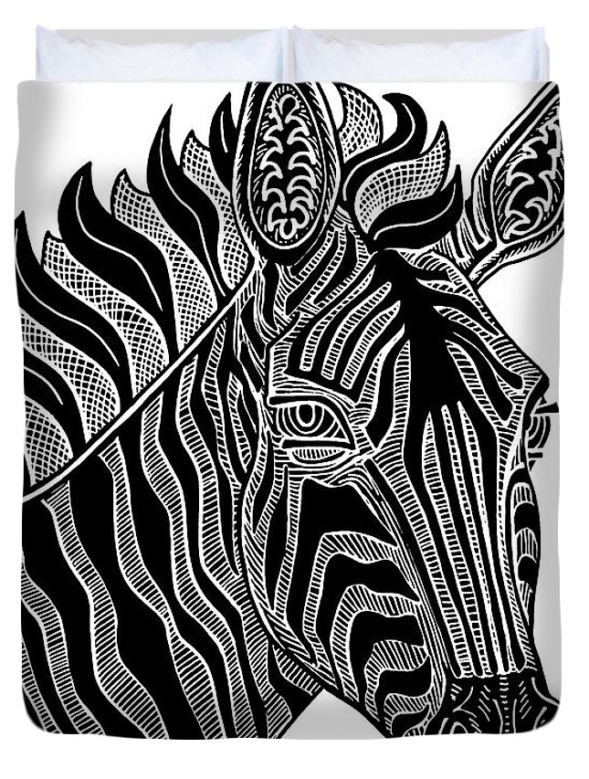 Zebra Duvet Cover featuring the drawing Zebra. Wild Animal Ink 15 by Amy E Fraser