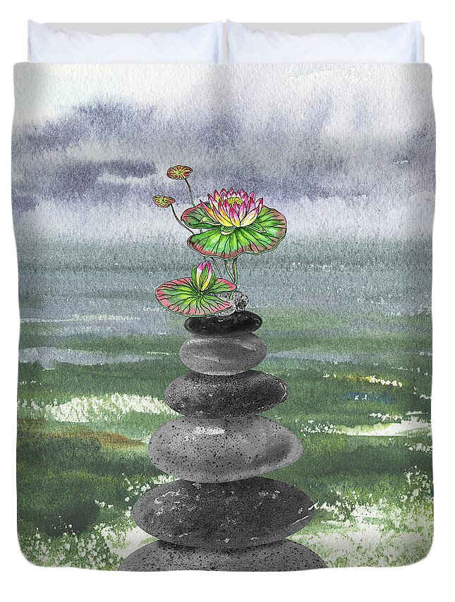 Cairn Rocks Duvet Cover featuring the painting Zen Rocks Cairn Meditative Tower With Water Lily Flower Watercolor by Irina Sztukowski