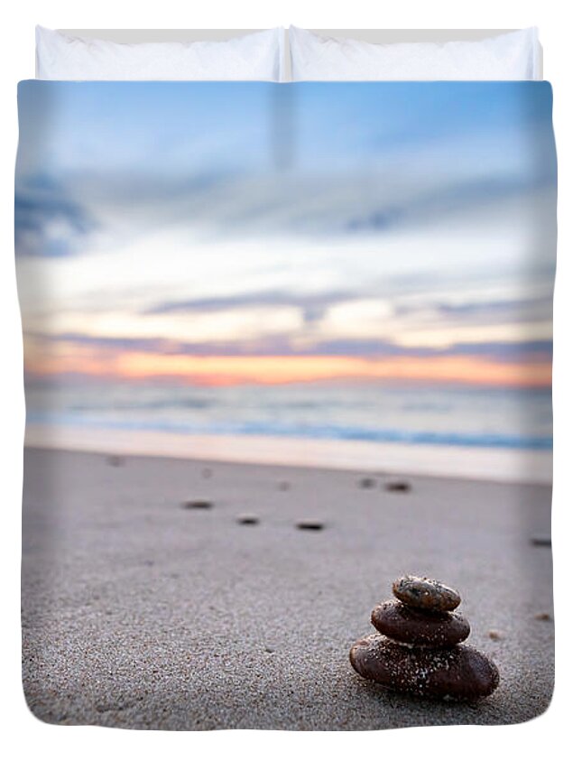 Zen Duvet Cover featuring the photograph Zen stones on calm beach at sunset by Michal Bednarek