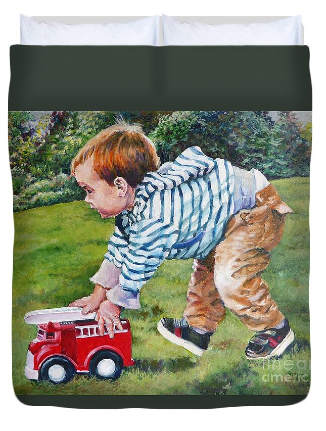 Child Duvet Cover featuring the painting Zoom Zoom...to the Rescue by Merana Cadorette
