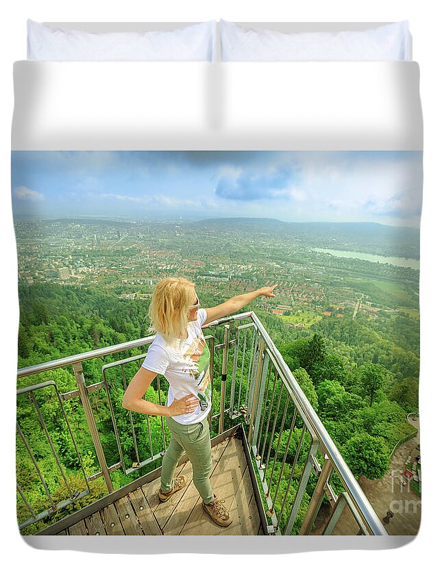 Switzerland Duvet Cover featuring the photograph Zurich panorama from Uetliberg tower sunset by Benny Marty