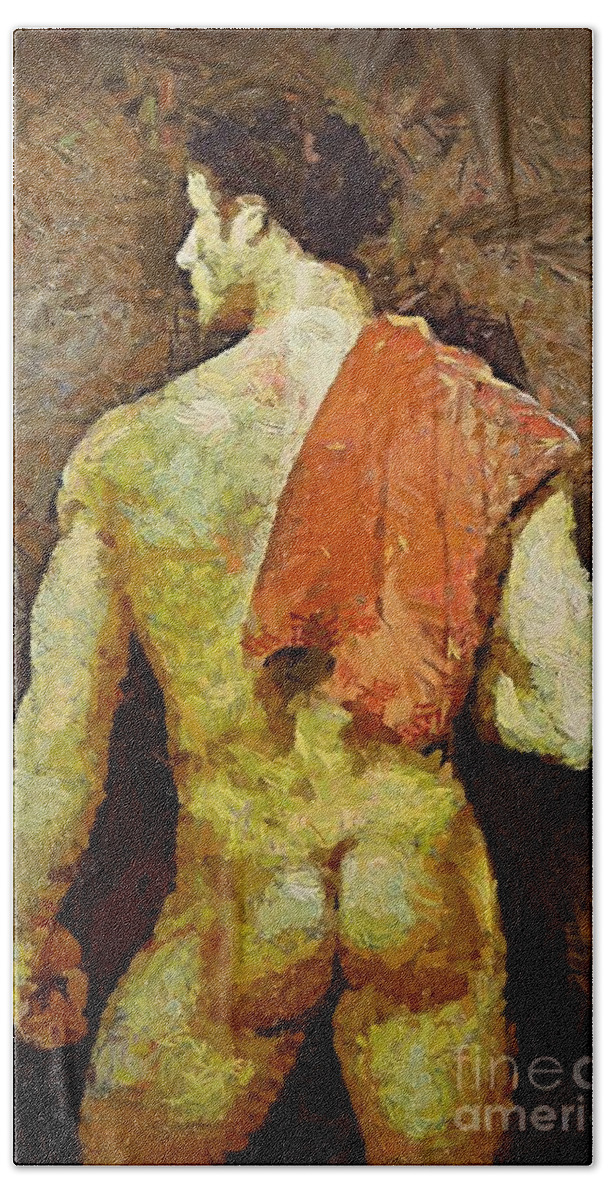 Male Body Builder Hand Towel featuring the painting A nonchalant man by Dragica Micki Fortuna