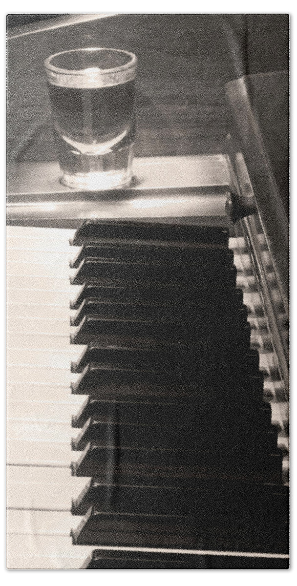 Piano Bath Towel featuring the photograph A shot of Bourbon Whiskey and The BW Piano Ivory Keys in Sepia by James BO Insogna