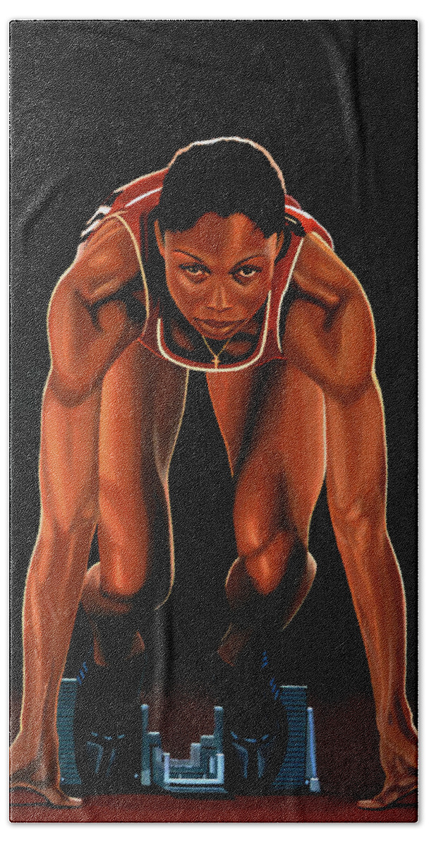 Allyson Felix Hand Towel featuring the painting Allyson Felix Painting by Paul Meijering