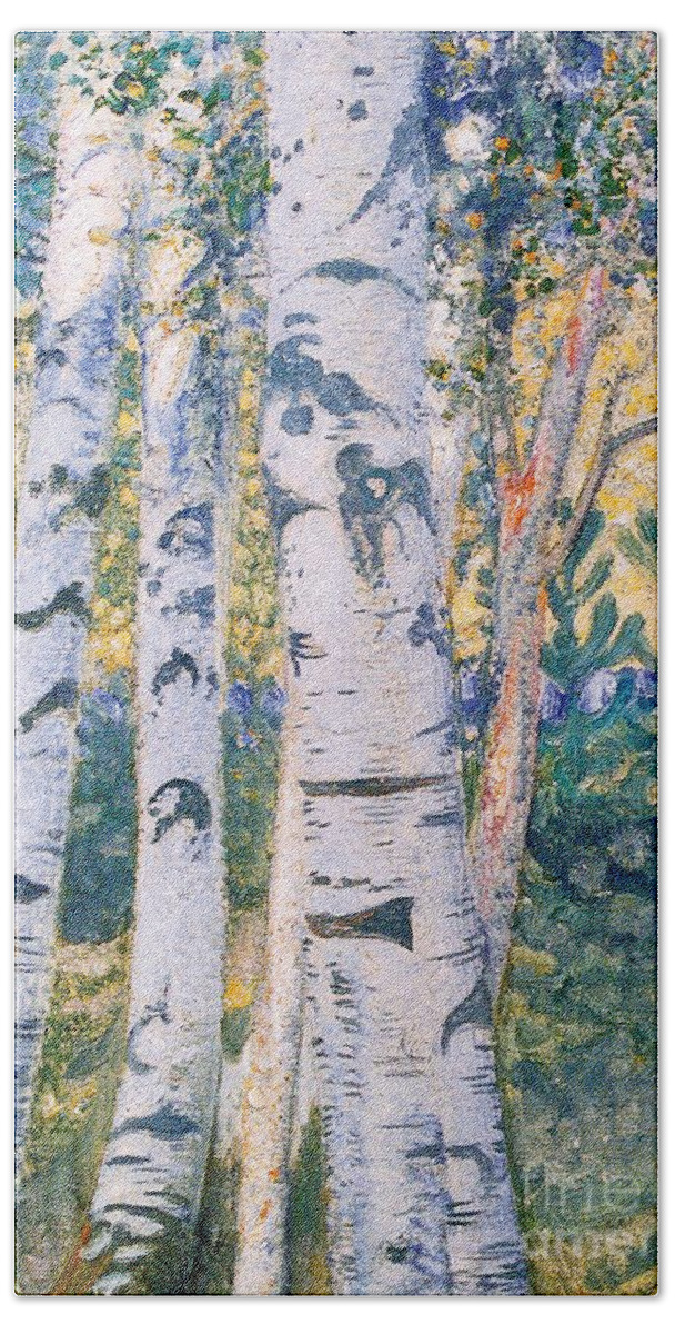 Silver Birch; Birches; Sweden; Tree; Scandinavian Hand Towel featuring the painting Birch Trees by Carl Larsson