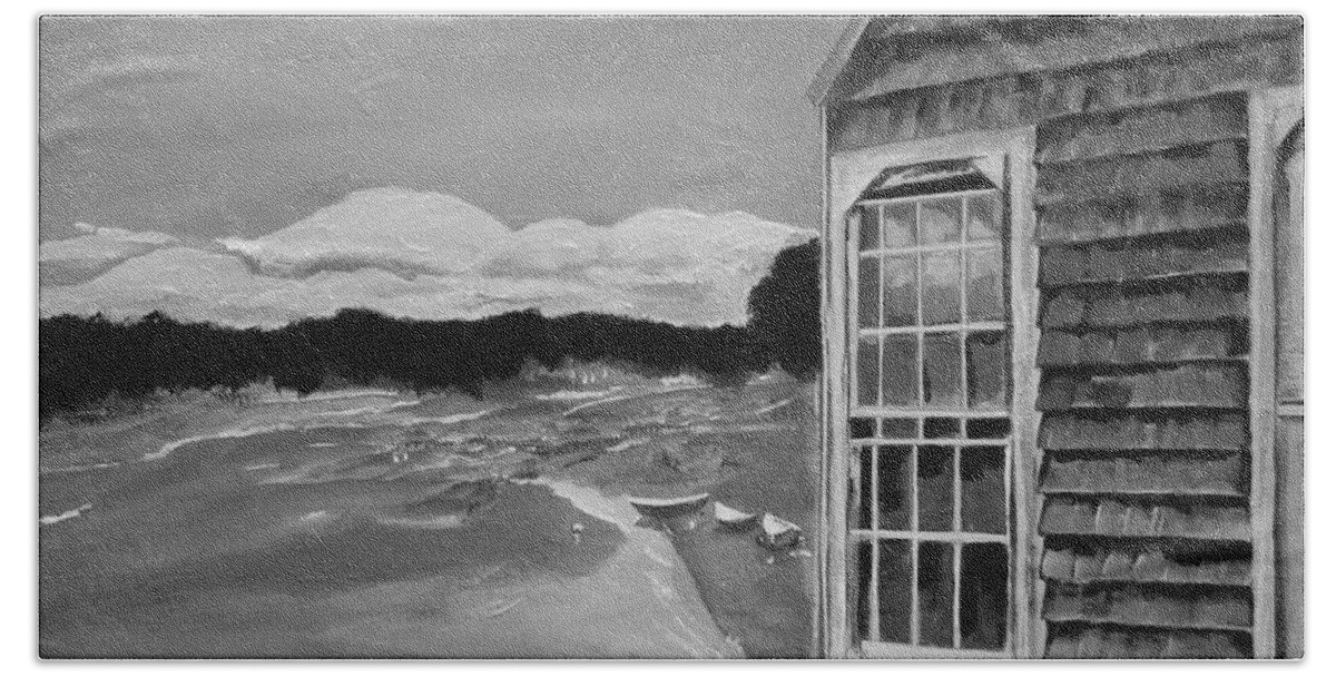 Maine Boathouse Bath Towel featuring the painting Boathouse - On the Maine Seashore - Black and White by Jan Dappen
