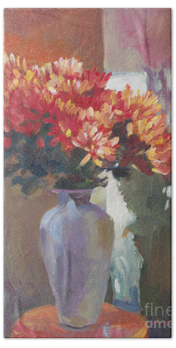 Still Life Hand Towel featuring the painting Chrysanthemums In Vase by David Lloyd Glover