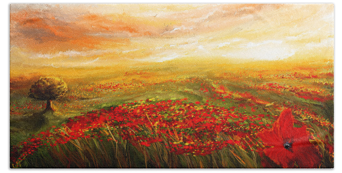 Poppies Bath Towel featuring the painting Glowing Rhapsody - Poppies Impressionist Paintings by Lourry Legarde