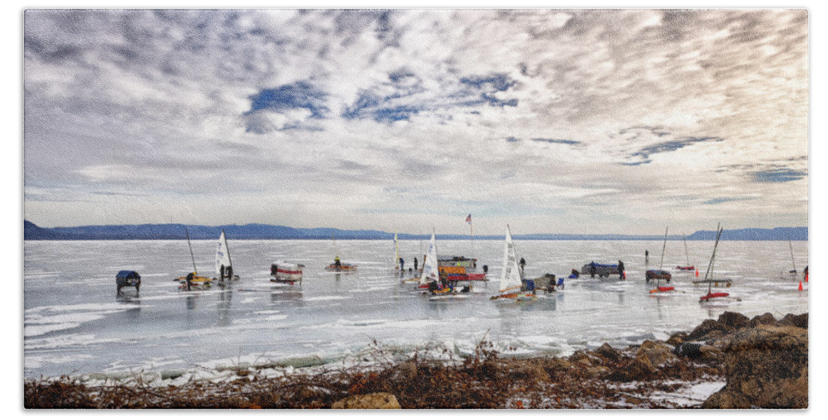 Ice Hand Towel featuring the photograph Ice boats on Lake Pepin by Al Mueller