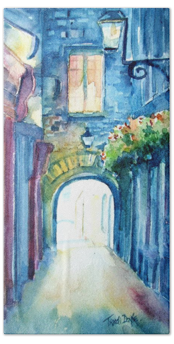 Watercolour Hand Towel featuring the painting The Butter Slip Medieval Archway Kilkenny City by Trudi Doyle