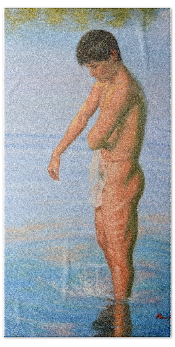 Original Hand Towel featuring the painting Original Classic Oil Painting Man Body Male Nude #16-2-4-08 by Hongtao Huang