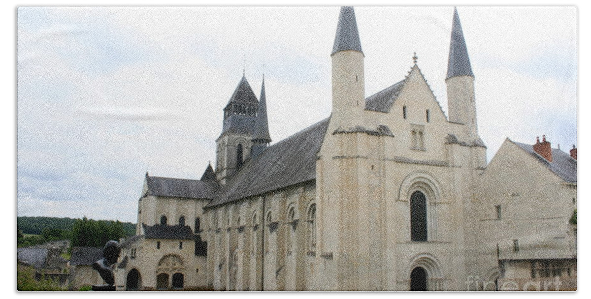 Cloister Bath Towel featuring the photograph West Facade Of The Church - Fontevraud Abbey by Christiane Schulze Art And Photography