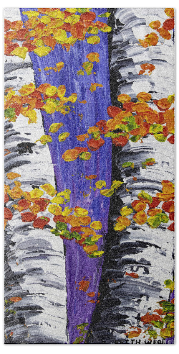 White Bath Towel featuring the painting White Birch Trees In Fall on Purple Background Painting by Keith Webber Jr