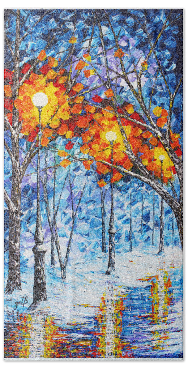 Winter Landscape Hand Towel featuring the painting Silence Winter Night Light Reflections original palette knife painting by Georgeta Blanaru
