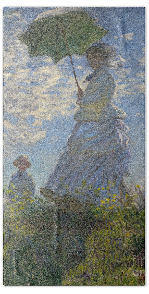 Female; Male; Boy; Child; Hill; Walking; Walk; Stroll; Summer; Outdoors; Mother; Hat; Impressionist; Artists Hand Towel featuring the painting Woman with a Parasol Madame Monet and Her Son by Claude Monet
