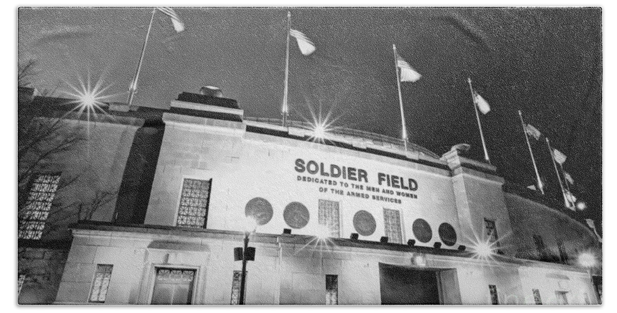 Soldier Bath Towel featuring the photograph 0879 Soldier Field Black and White by Steve Sturgill