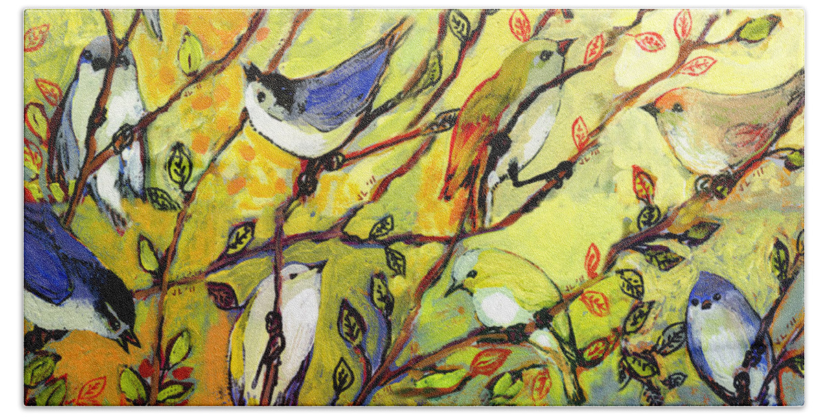 Bird Hand Towel featuring the painting 16 Birds by Jennifer Lommers