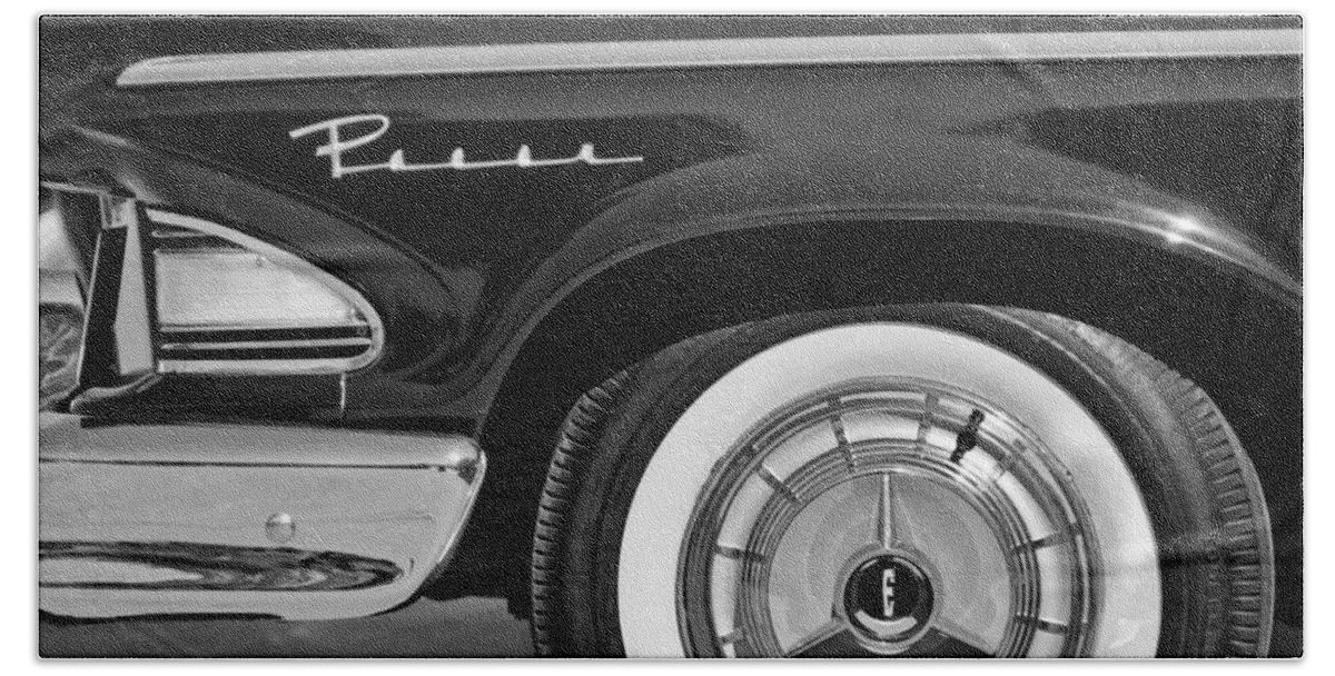 1958 Edsel Pacer Wheel Emblem Bath Sheet featuring the photograph 1958 Edsel Pacer Wheel Emblem by Jill Reger