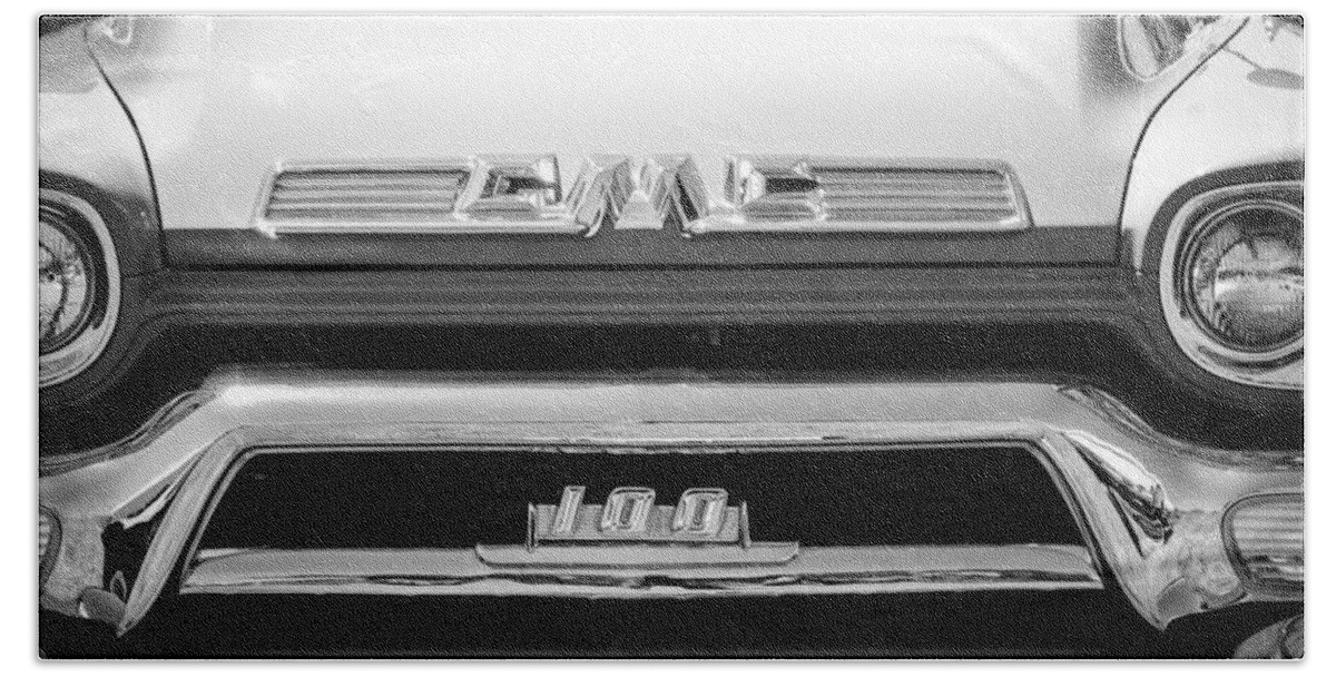 1958 Gmc Series 101-s Pickup Truck Grille Emblem Bath Towel featuring the photograph 1958 GMC Series 101-S Pickup Truck Grille Emblem by Jill Reger