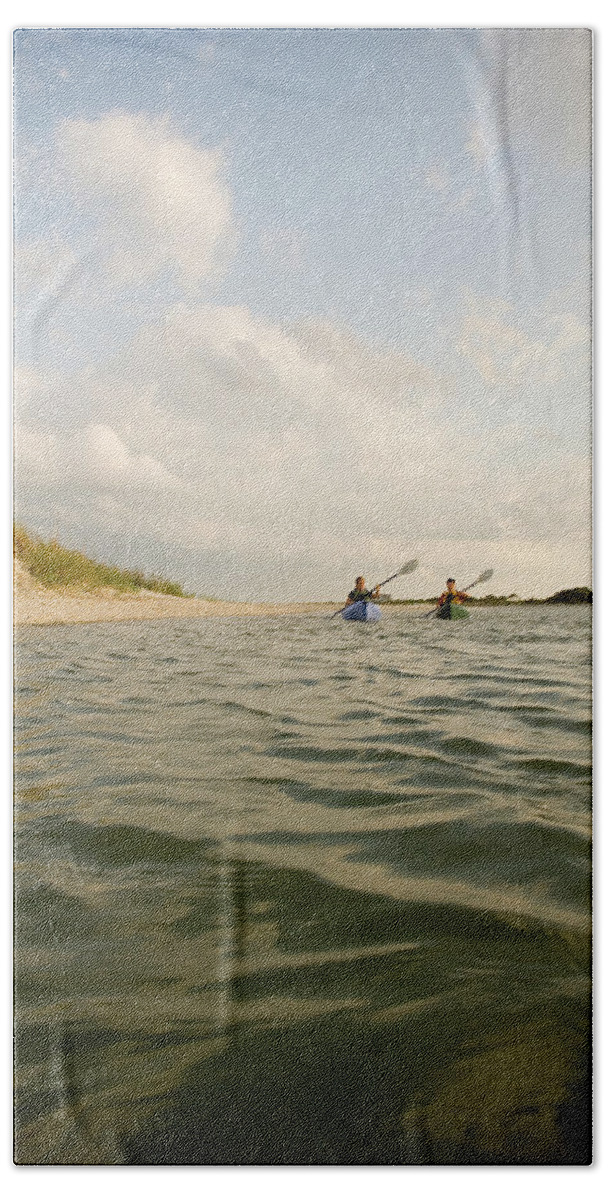 Adventure Hand Towel featuring the photograph A Couple Paddles Kayaks Together #1 by David Nevala