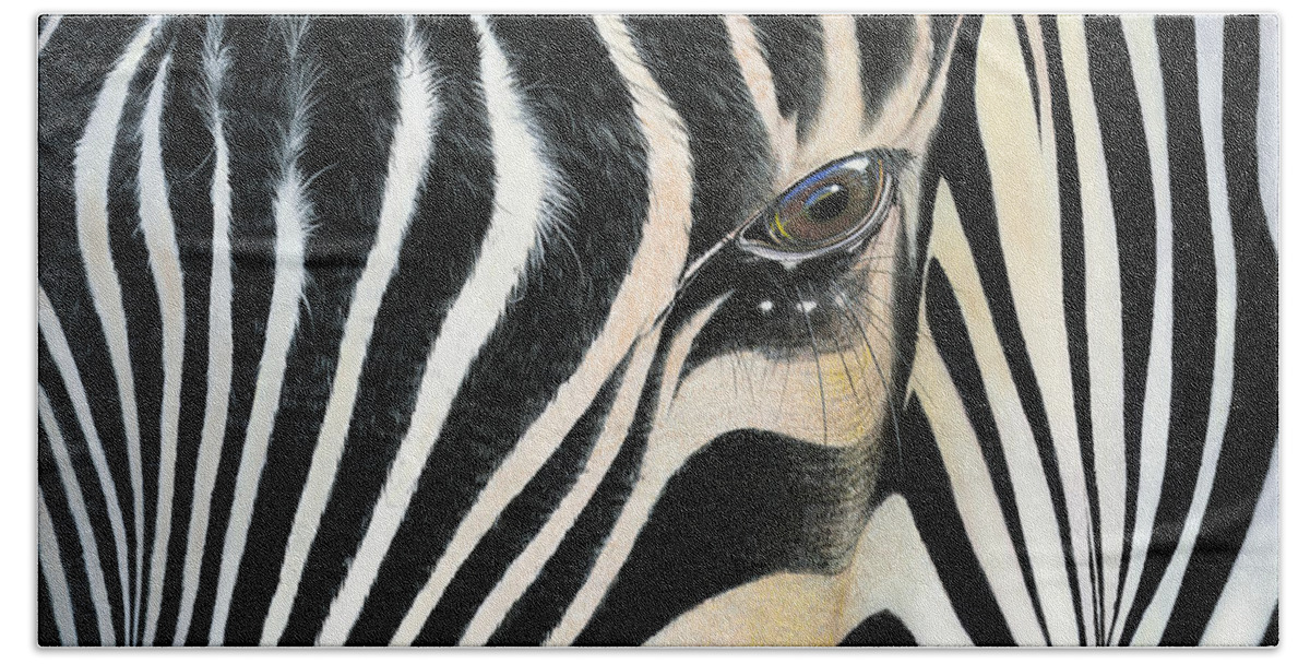 Zebra Paintings Bath Towel featuring the painting A Moment's Reflection by Mike Brown