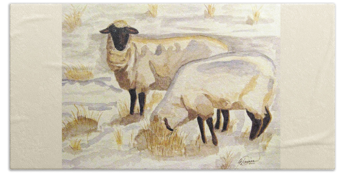 Ewes Hand Towel featuring the painting A Peaceful Winter by Angela Davies