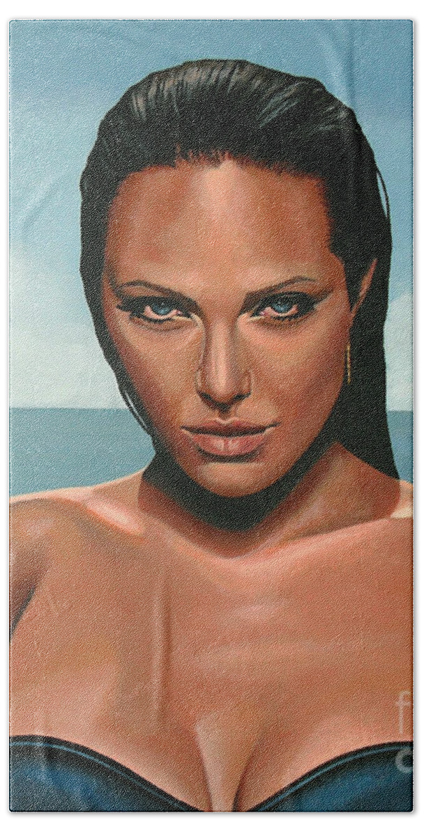 Angelina Jolie Hand Towel featuring the painting Angelina Jolie by Paul Meijering