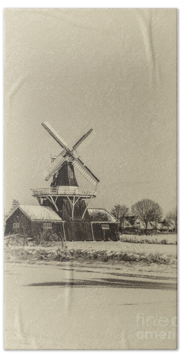 Small Hand Towel featuring the photograph Beautiful old Dutch woodmill of 1903 in black and white by Patricia Hofmeester
