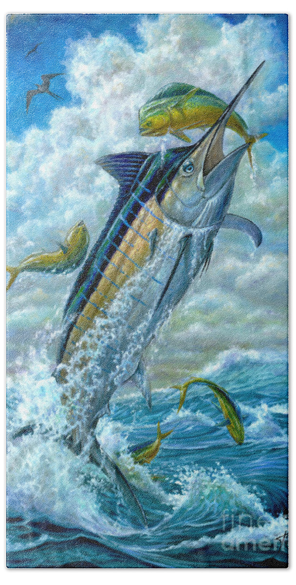 Blue Marlin Bath Sheet featuring the painting Big Jump Blue Marlin With Mahi Mahi by Terry Fox