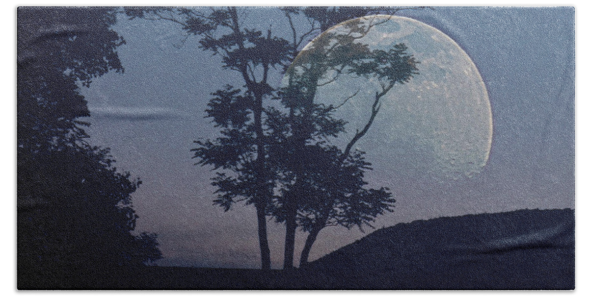Moon Bath Towel featuring the photograph Moon with Trees by Jodie Marie Anne Richardson Traugott     aka jm-ART