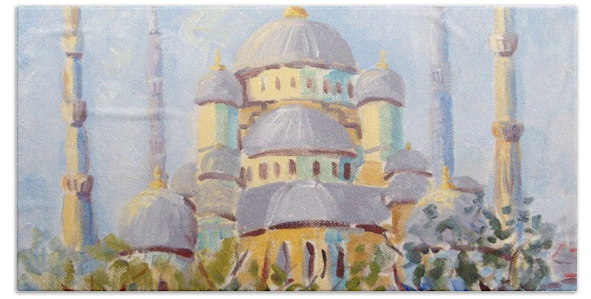  Cerulean Sky Bath Towel featuring the painting Blue Mosque Istanbul by Elinor Fletcher